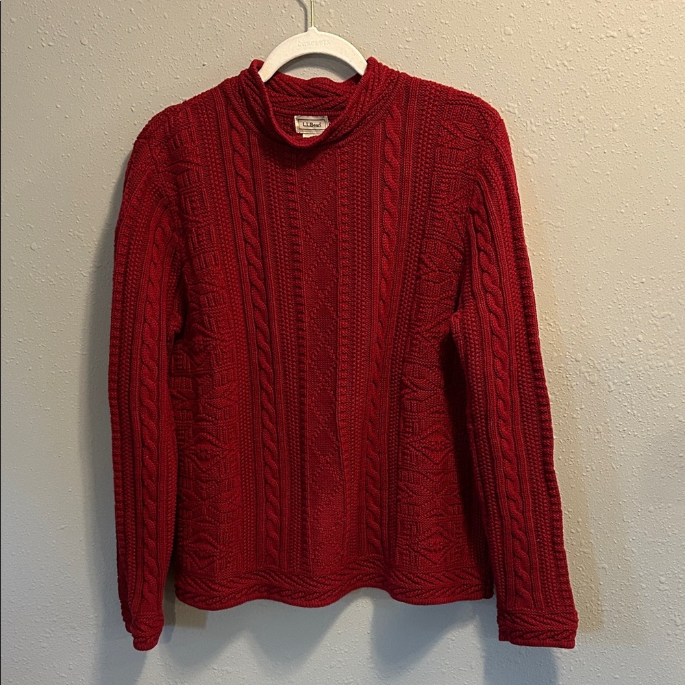 Vintage LL Bean Red Mock Neck Cable Knit Sweater Cotton M